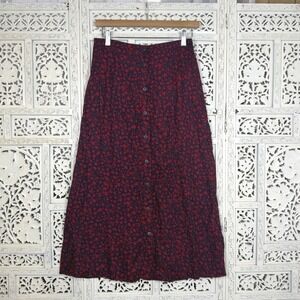 Vtg Talbots Red & Navy Floral Button Up Skirt Sz 8 Fits Smaller Cottage Prairie